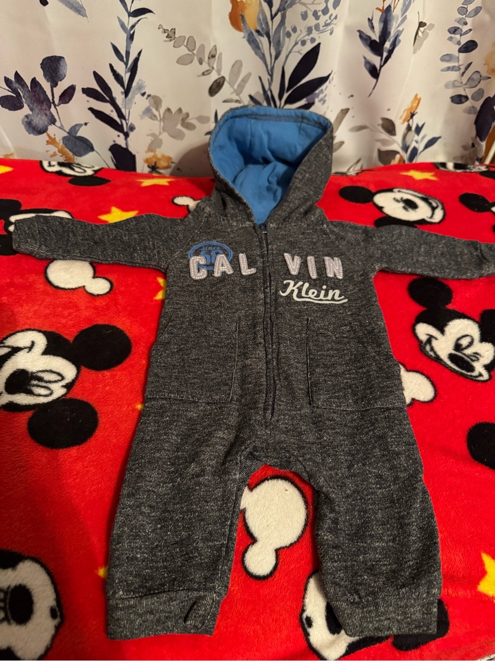 Calvin Klein Gray Hooded One-Piece with Blue Lining 0 3 Months C5